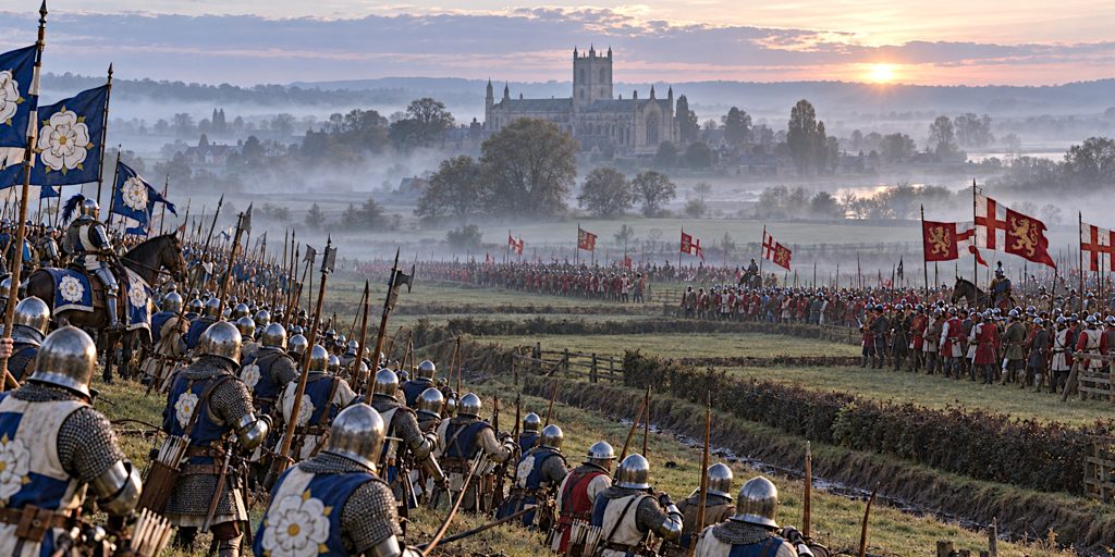 The Yorkist and Lancastrian lines facing each other across the hedged fields near Tewkesbury Abbey.