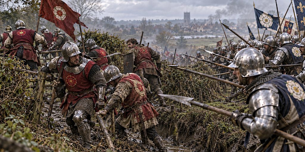 Lancastrian troops pushed back across a ditch as Yorkist spearmen close in.