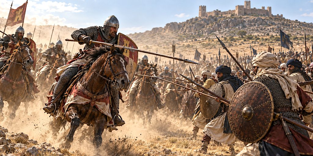 Castilian cavalry confront Almohad spearmen.